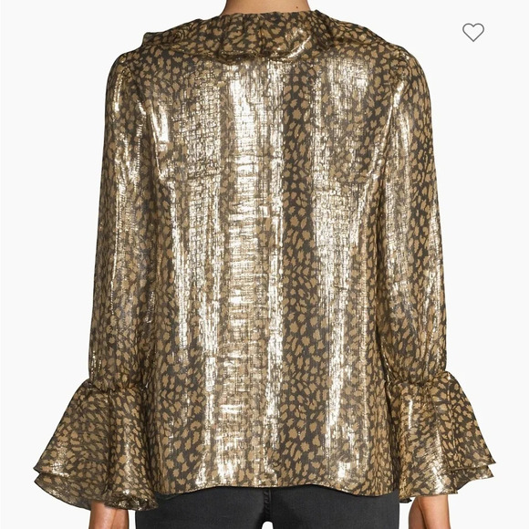 ALICE + OLIVIA Elliot Silk Gold Metallic Animal Print Ruffle Button Down Blouse - Picture 13 of 14